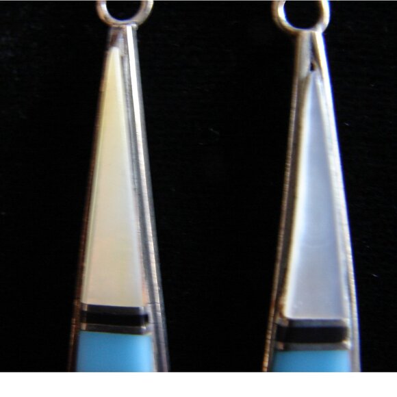 Zuni Turquoise Inlay Sterling Silver Dangle EARRINGS, Spiney Oyster, MOP D24 - Picture 3 of 9